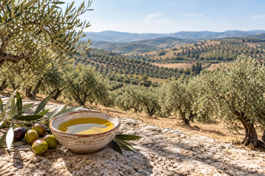 KI-generierte Illustration eines Olivenhains mit Oliven und Ölschale vor hügeliger Landschaft, passend zum Thema Olivenöl in Istrien